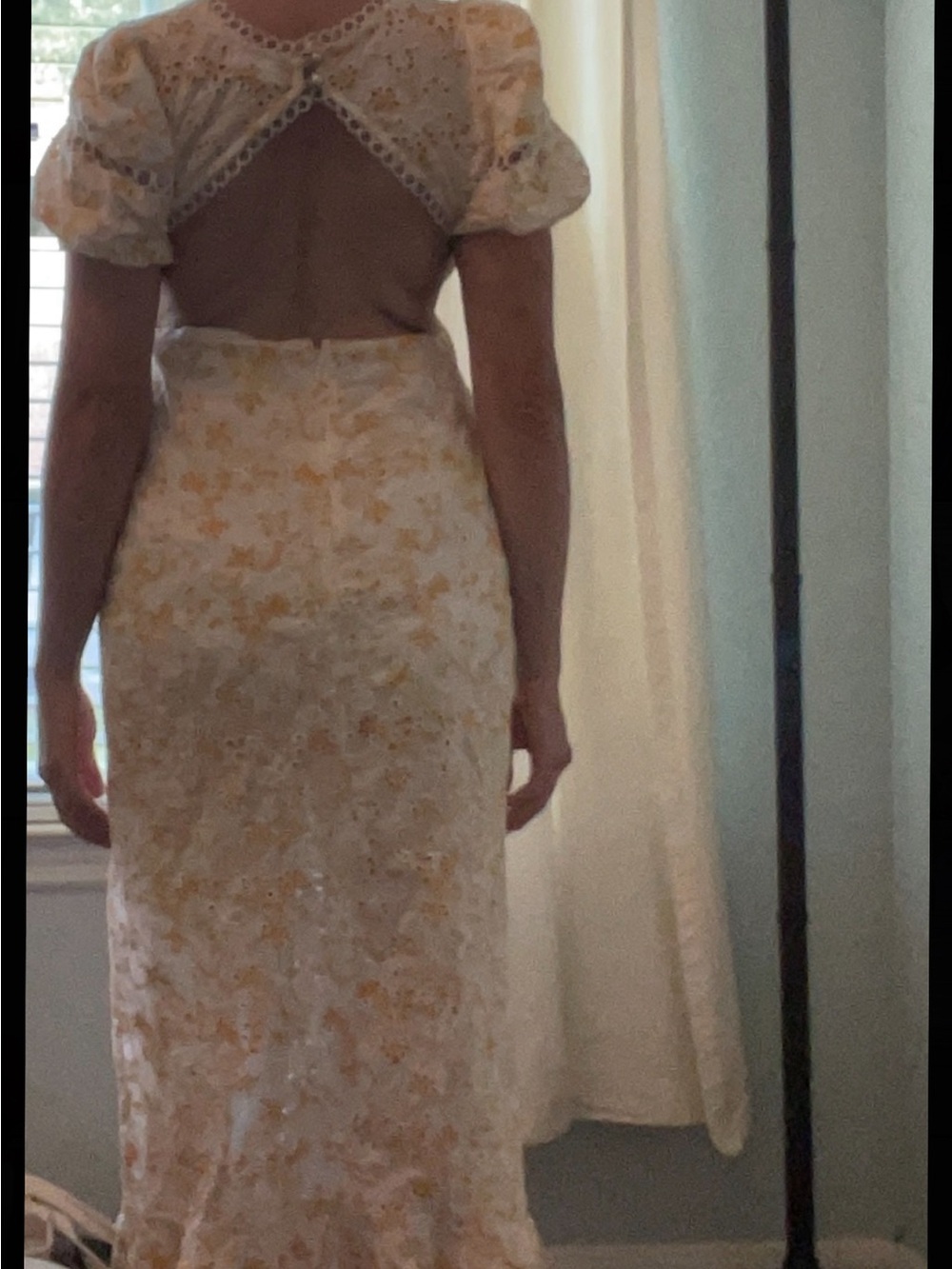 NEW! Women's White and Yellow Midi Dress with Lace Back